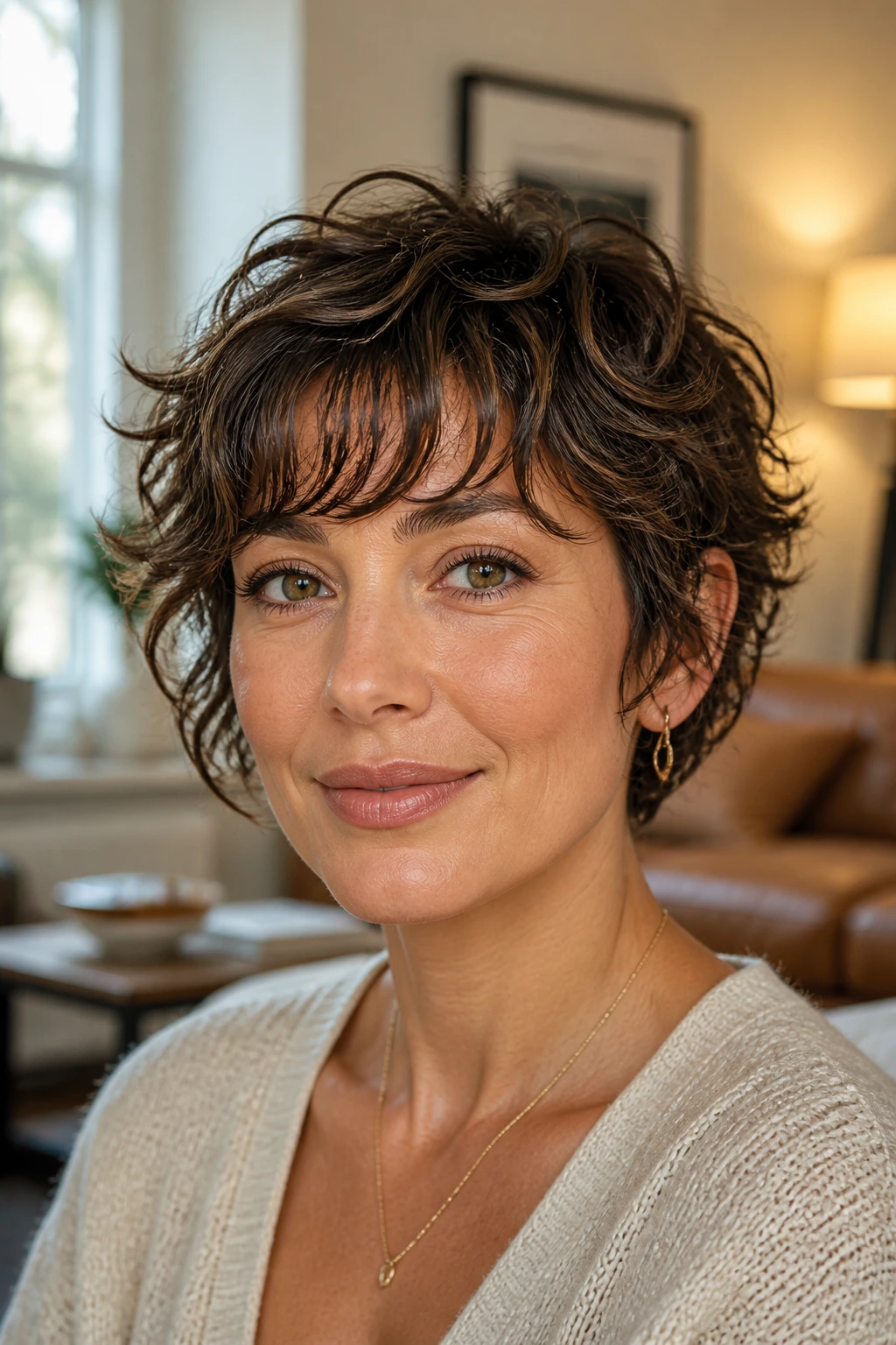 Close-up portrait of a real woman with a bixie haircut and wispy fringe in warm natural light