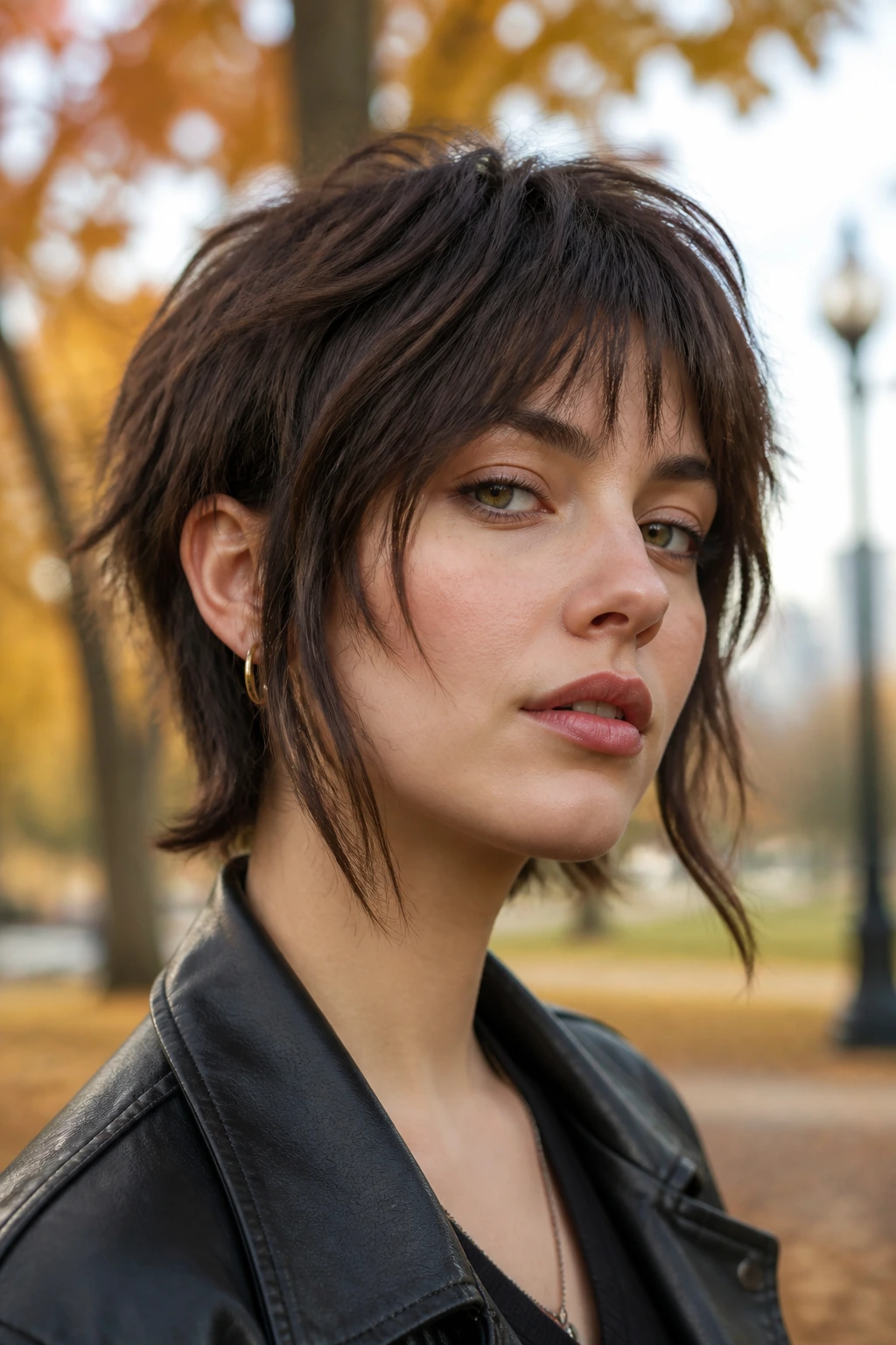 Real person with bixie wolf hybrid haircut in park setting