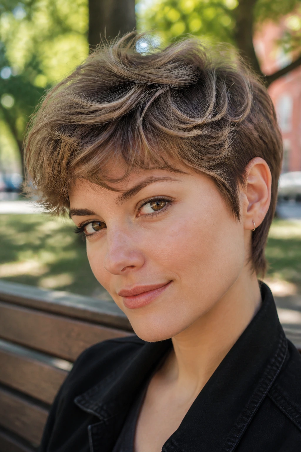 Close-up portrait of a real woman with Bixie Wolfcut With Feathered Top in park light