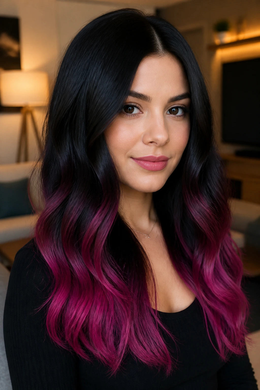 Portrait of a person showing black hair base with colored tips contrast