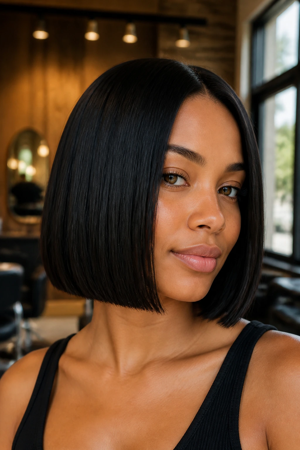 Close-up of a real woman with a black bob showing blunt edge and bevel in a warm salon setting