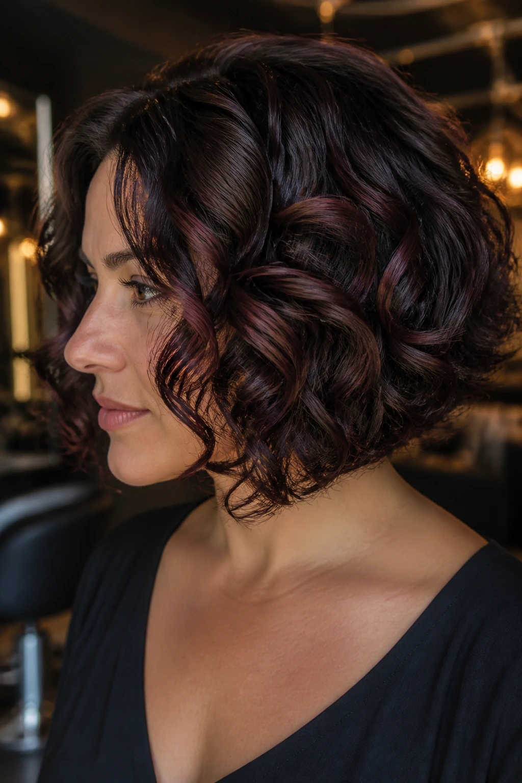 Close-up of a real woman with black cherry gloss in inverted bob