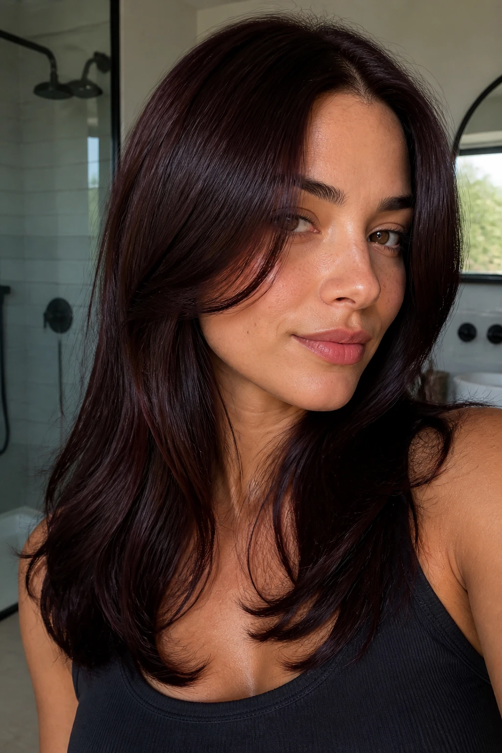 Close-up portrait of a real person showcasing Black Cherry Brown hair with cherry sheen