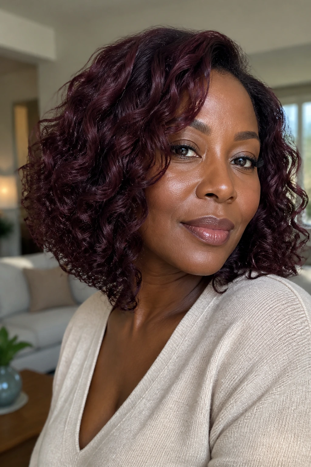 Close-up of a real person with black cherry curly lob hairstyle