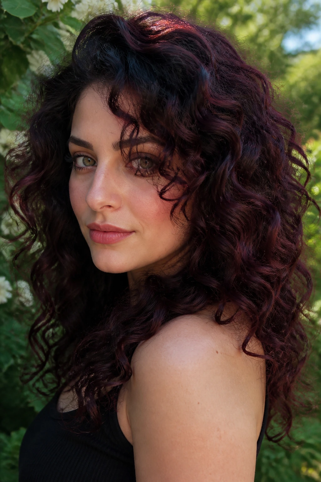 Real woman with black cherry curls showing dimensional red tones