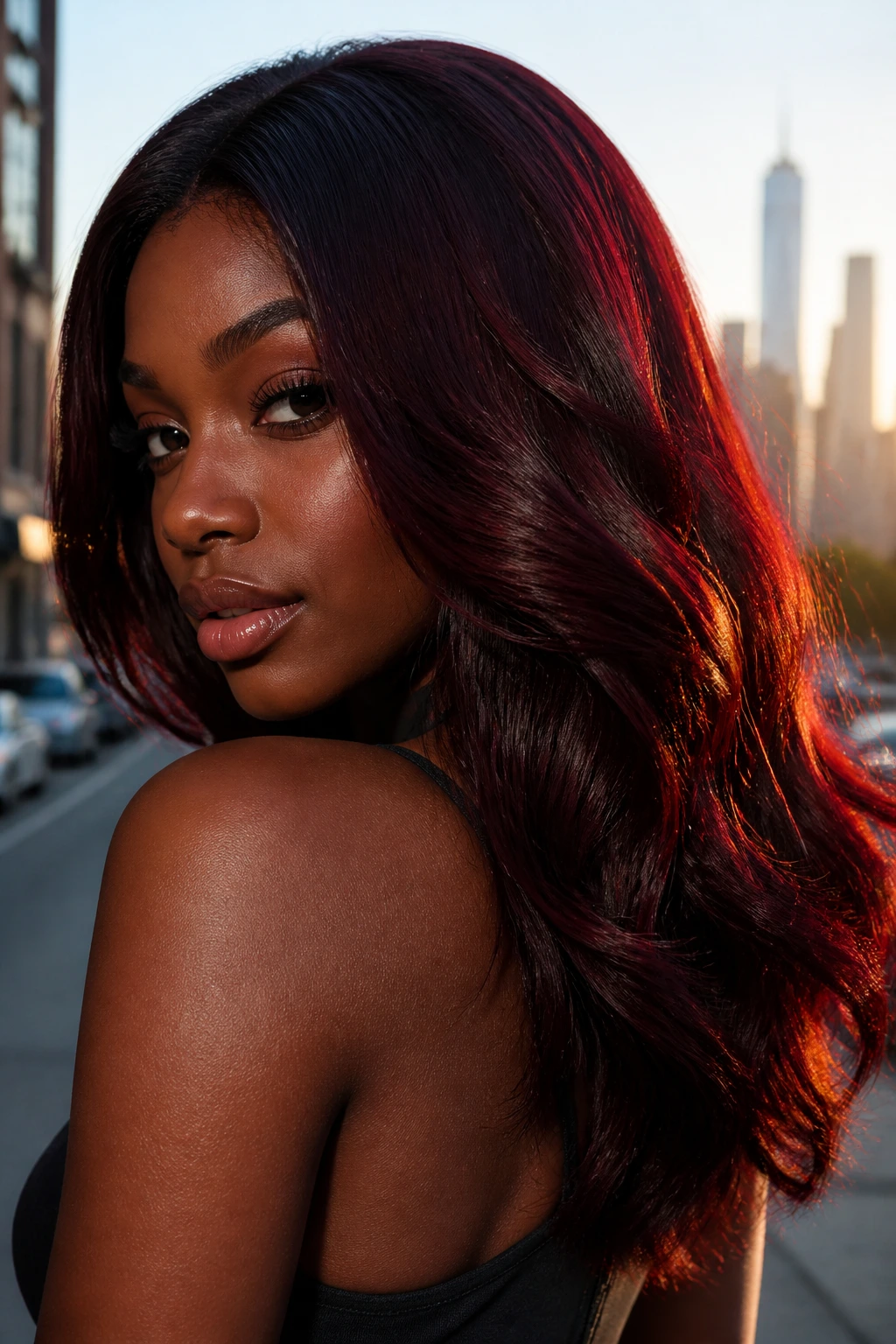 Close-up of black cherry hair catching sunlight on deep skin outdoors