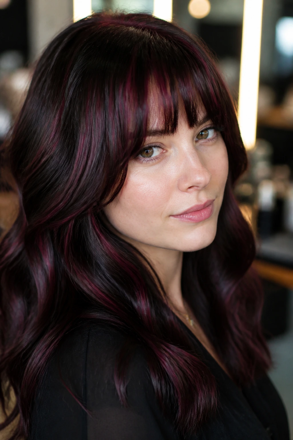 Close-up of a person with black cherry slice highlights and rounded bangs in a salon.