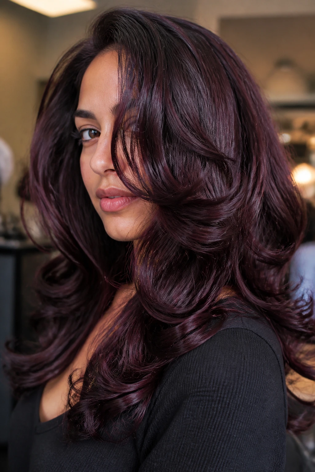 Real woman with glossy black cherry layered hair and flip-out ends in warm light