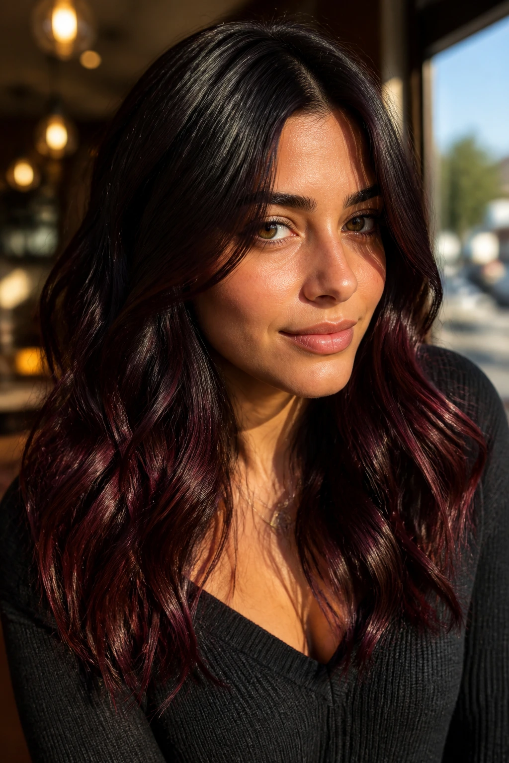 Portrait of olive skin with black cherry hair and merlot lowlights in warm light