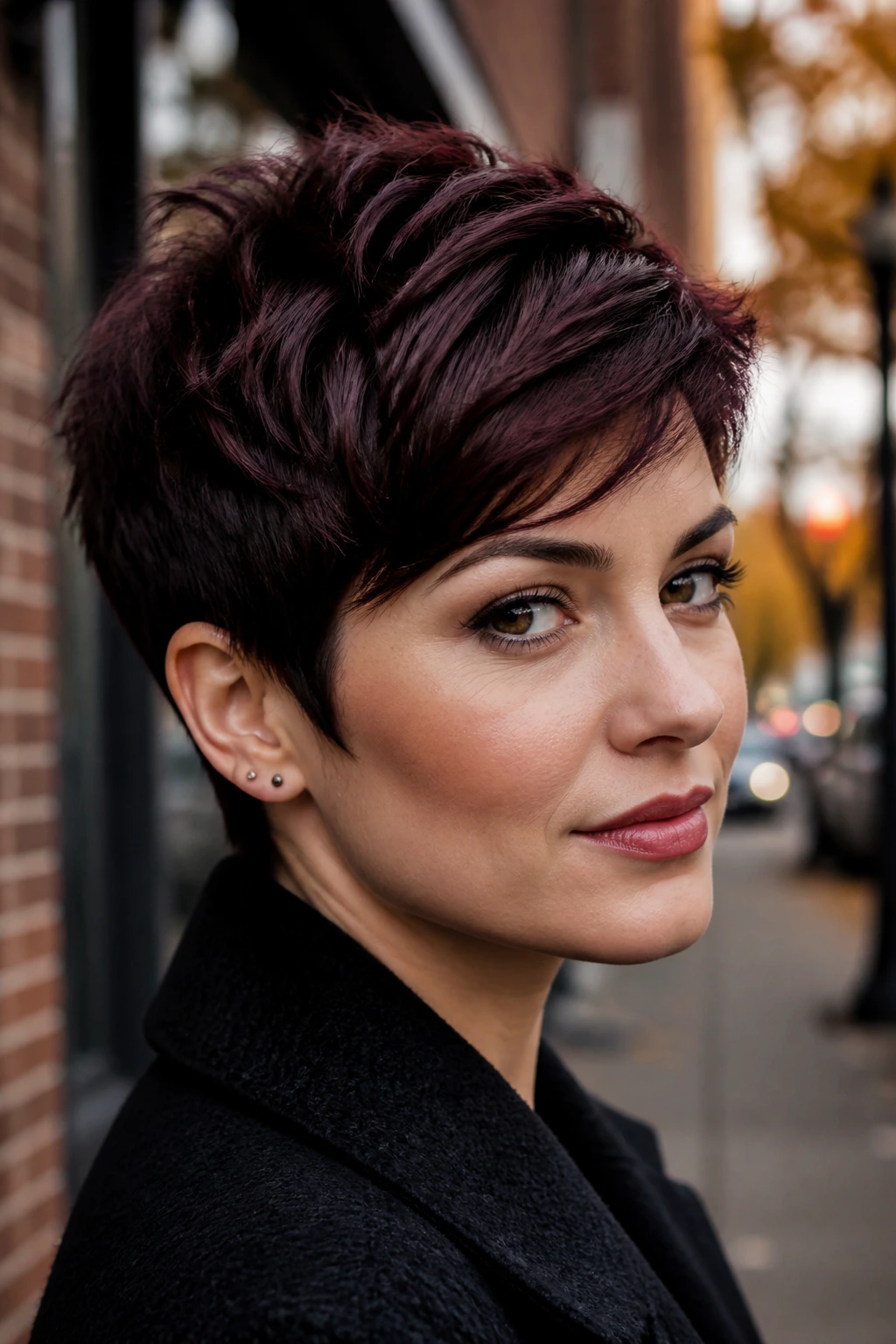 Close-up portrait of a real person with black cherry pixie cut and red-violet highlights