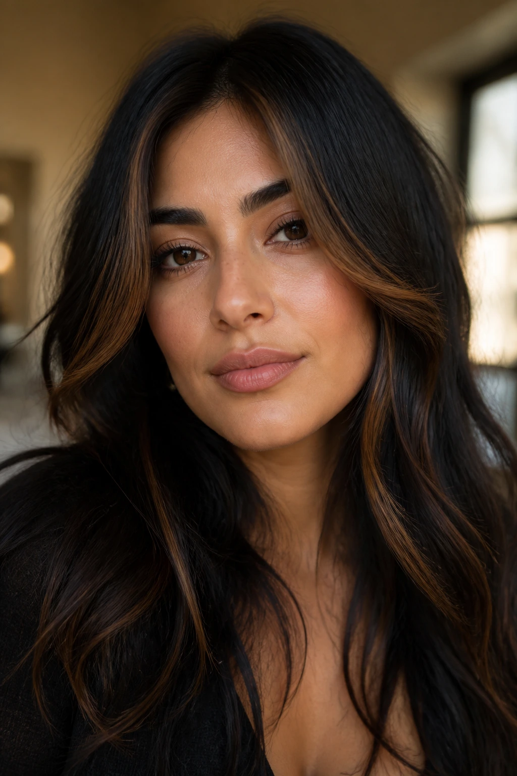Close-up portrait of a real person with black hair and chestnut face-framing lowlights on olive skin