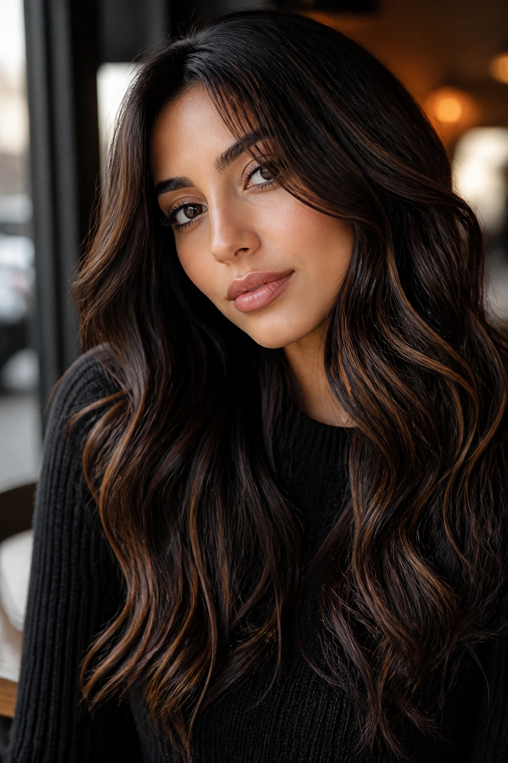 Close-up of black hair with cinnamon-chestnut lowlights on olive skin.