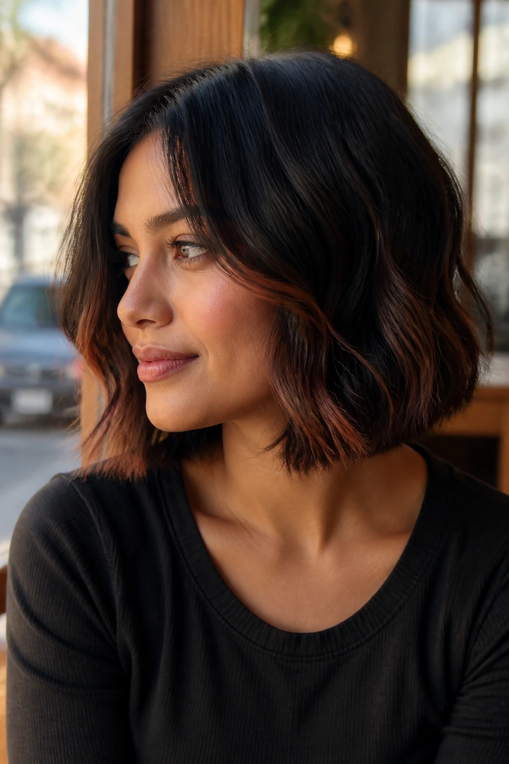 Close-up of near-black hair with copper dusting