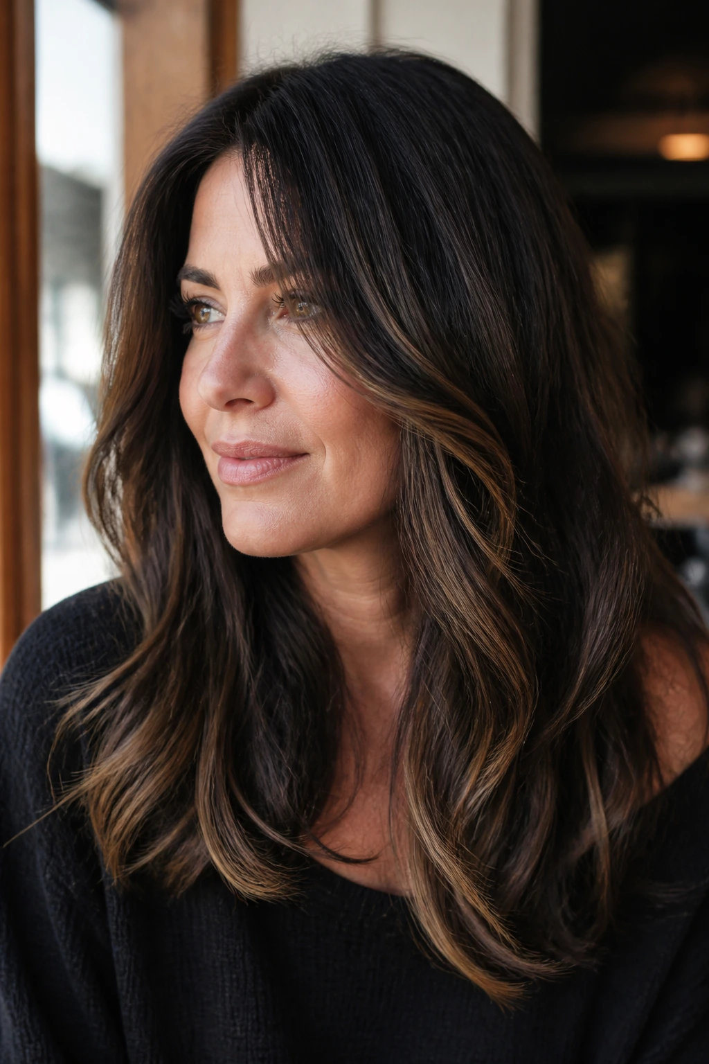 Close-up of a real woman with black coffee hair and warm sand lowlights.