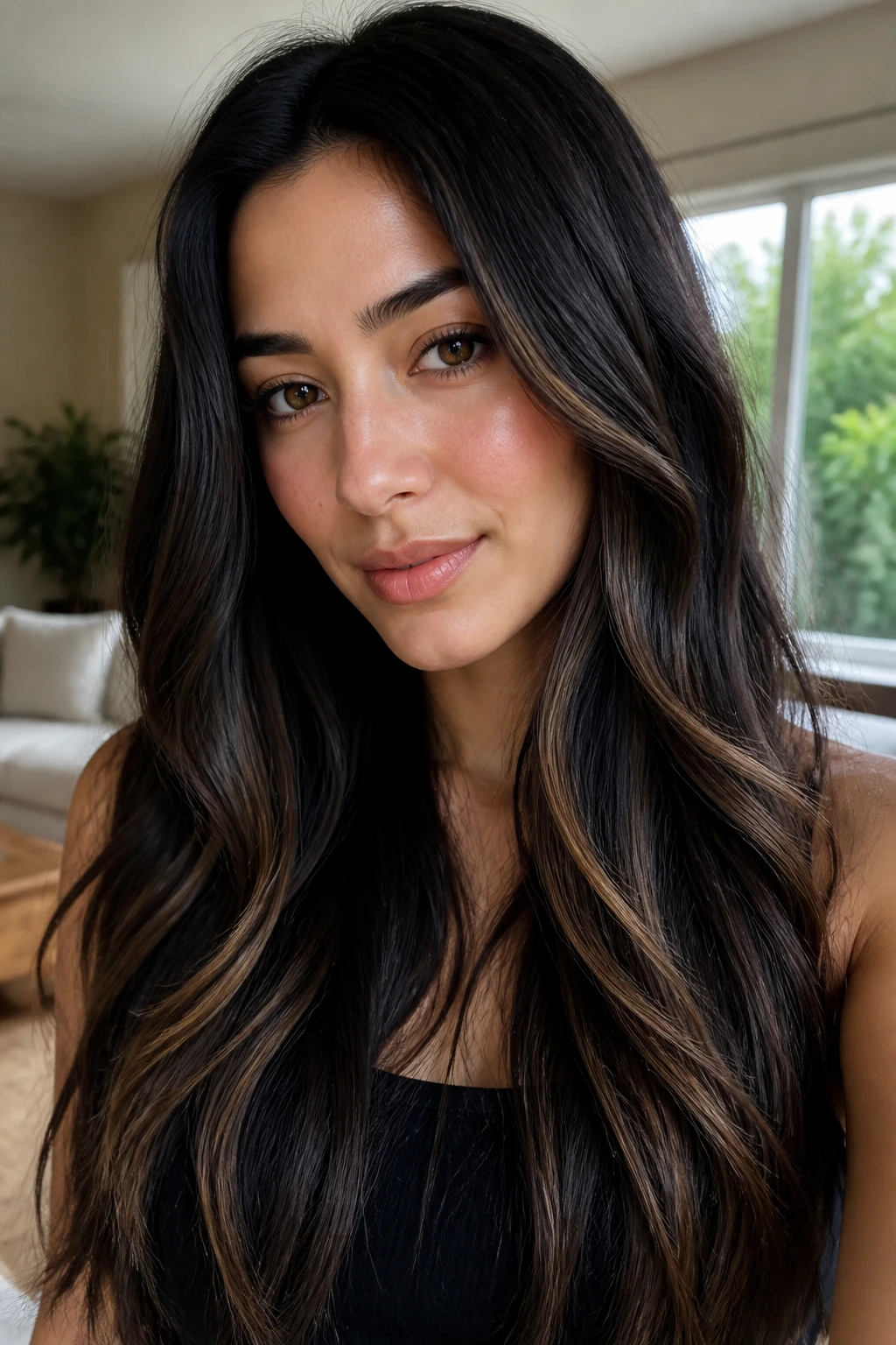 Portrait of hair with cool toffee lowlights on a black base.