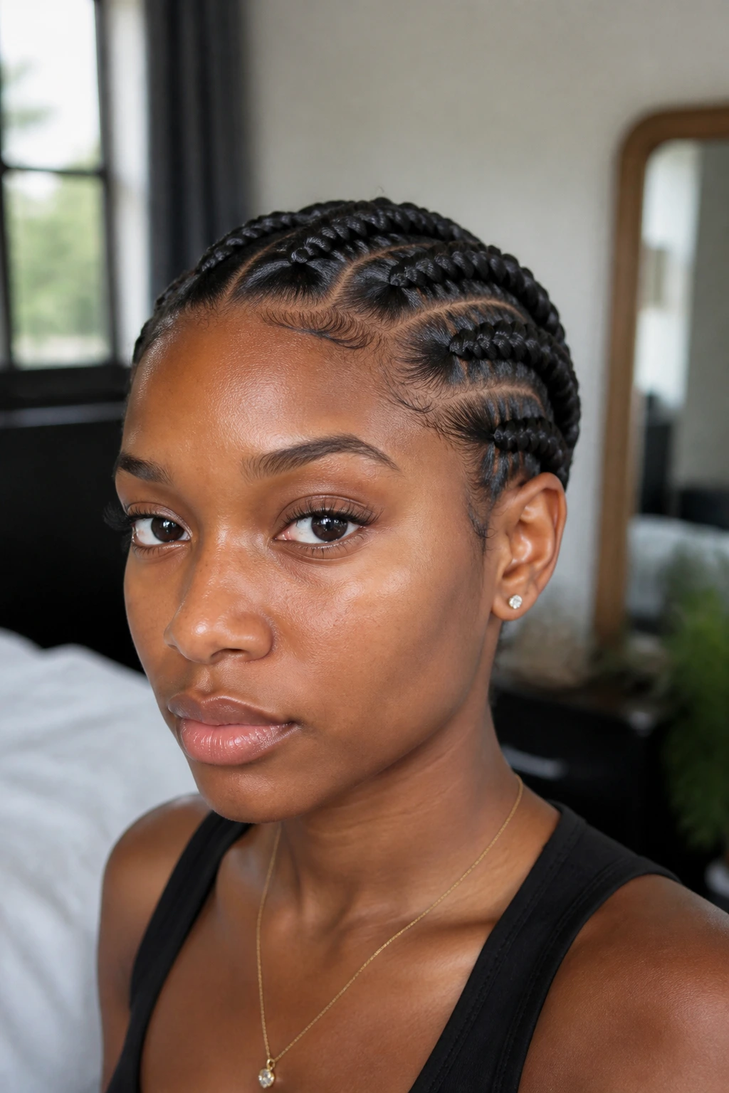Close-up portrait of a real person with Dutch braids highlighting the crisp scalp ridges