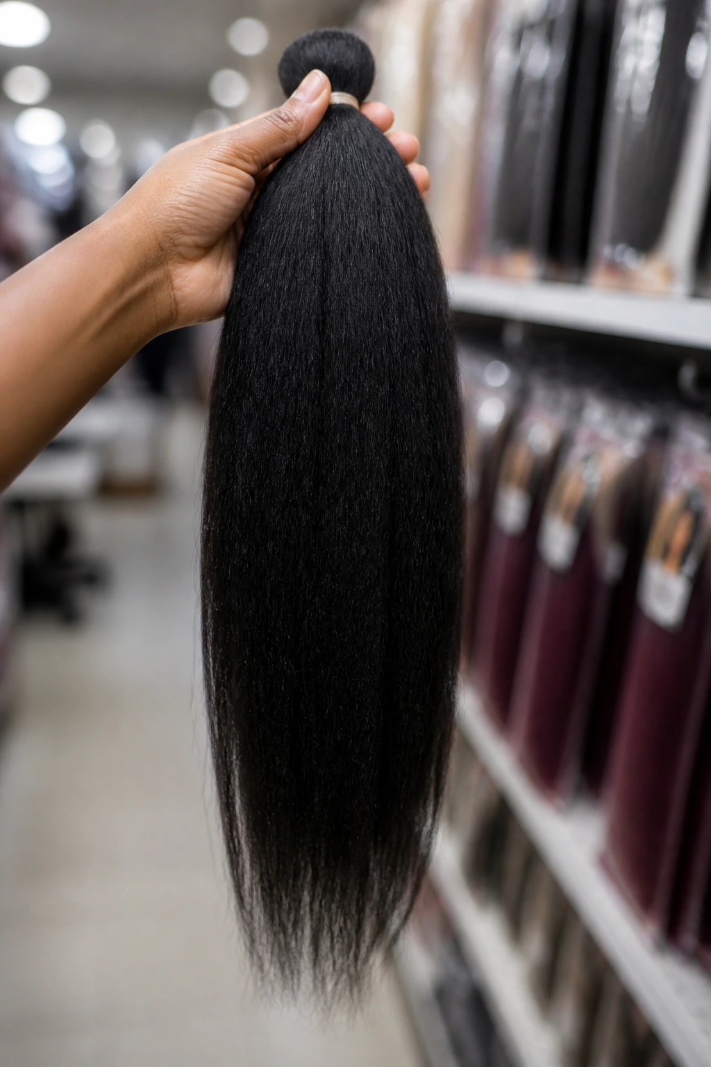 Hand with black pre-stretched braiding hair strand in store