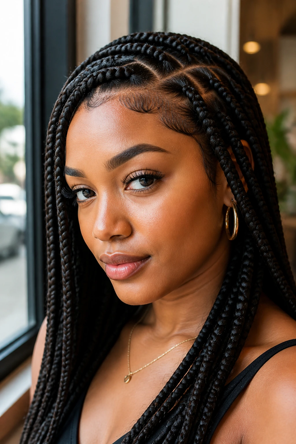Close-up of a real woman with black French braid extensions framing her face