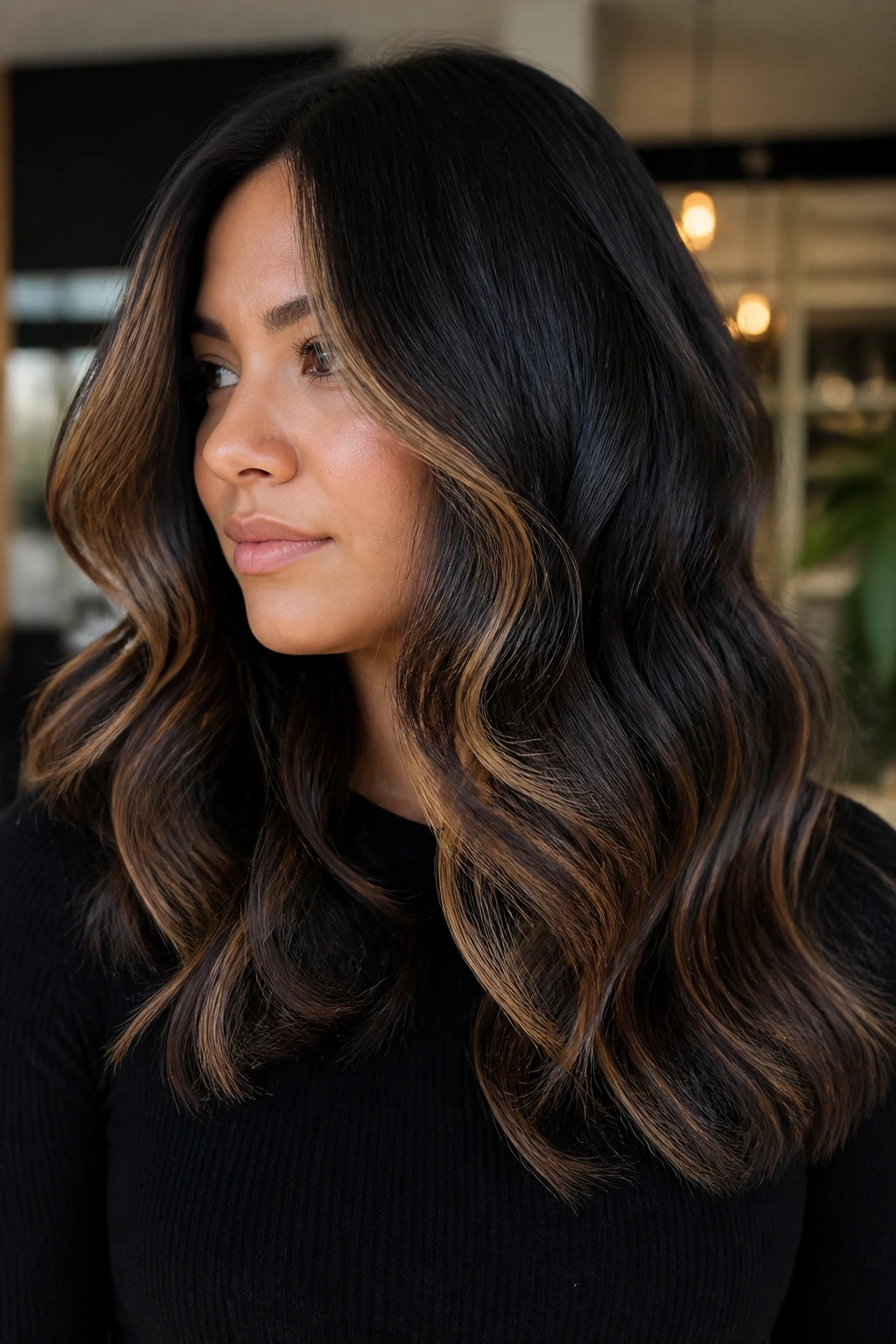 Close-up of a real woman with black hair and soft caramel contouring around the face.