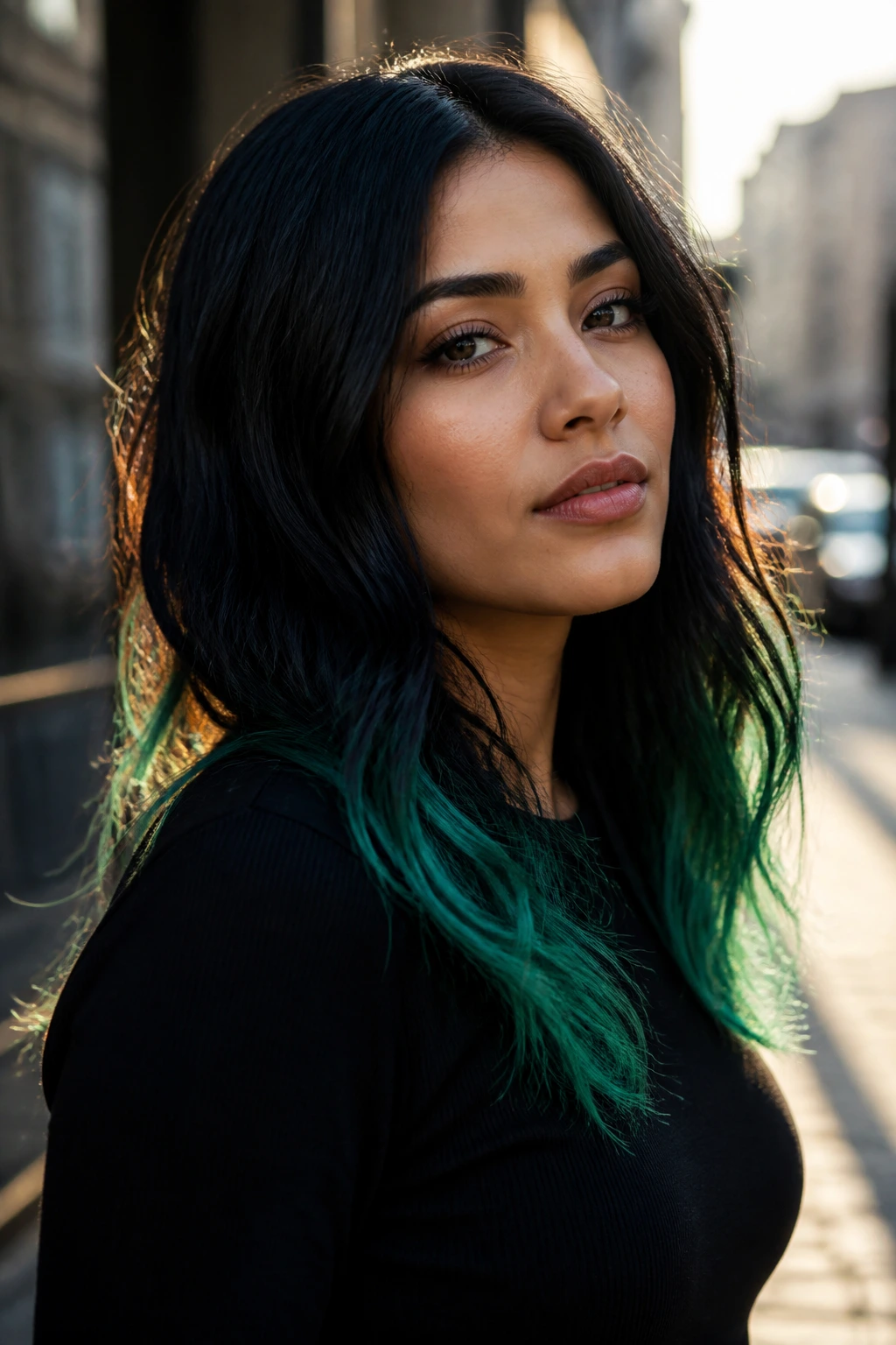 Portrait of a person with black hair and bright colored tips outdoors at golden hour