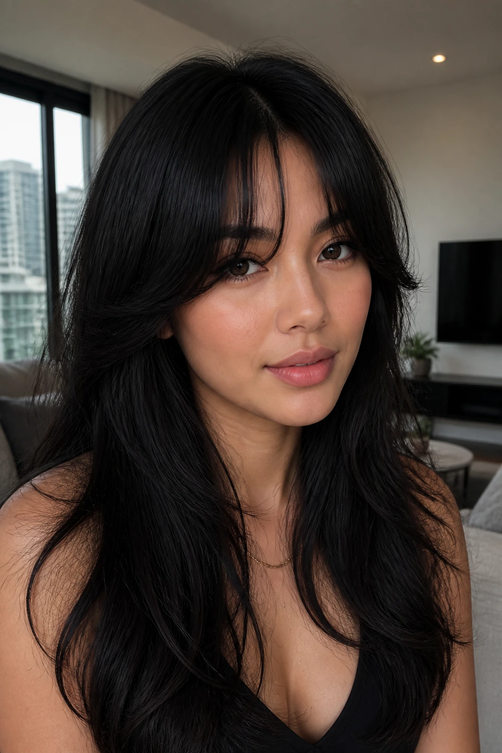 Close-up of a real woman with black hair and razor-soft curtain bangs framing her face