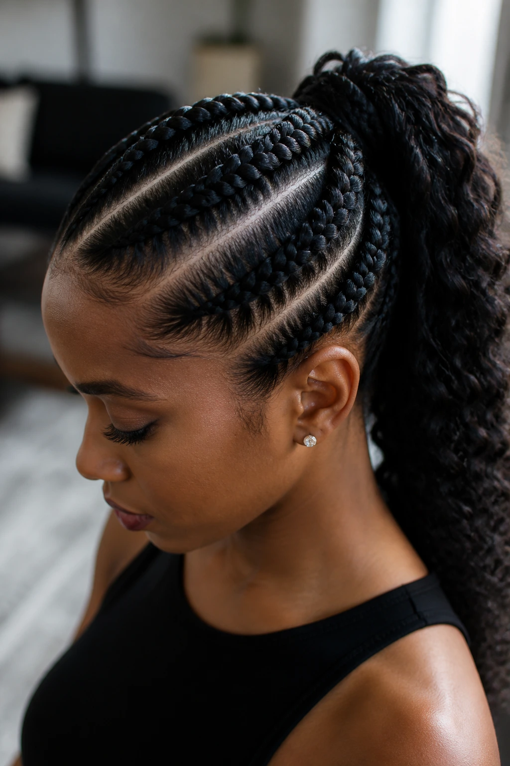 Close-up of a real Black woman with Dutch braids and a sturdy ponytail.
