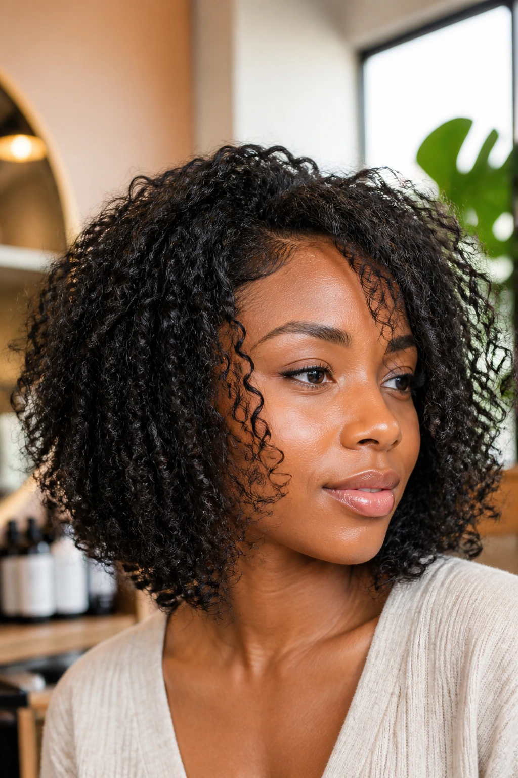 Close-up of a real Black woman with a textured lob showing interior layers and a strong perimeter in warm salon light