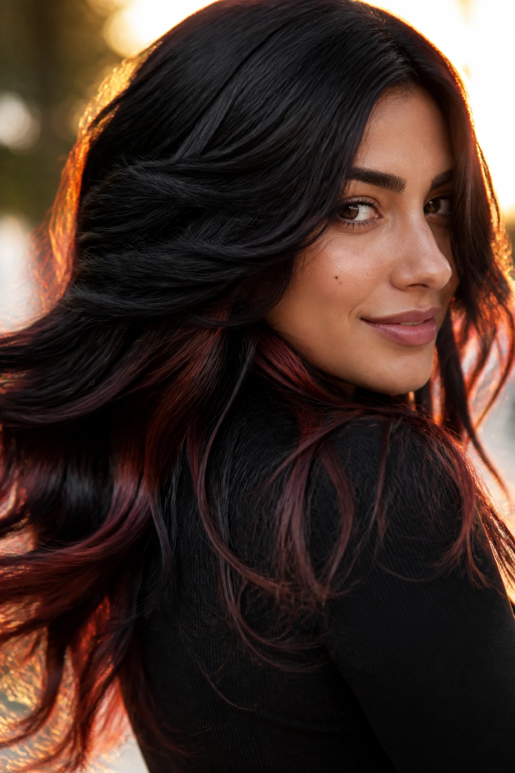Close-up portrait of a real person with black hair and mahogany underlights peeking through