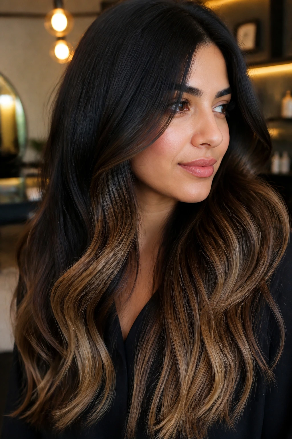 Real woman with near-black hair and toffee ends