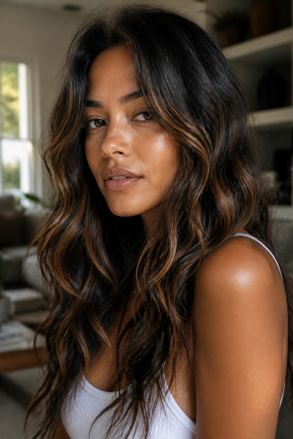 Close-up portrait showing natural black lowlights on honey-toned skin with beachy waves