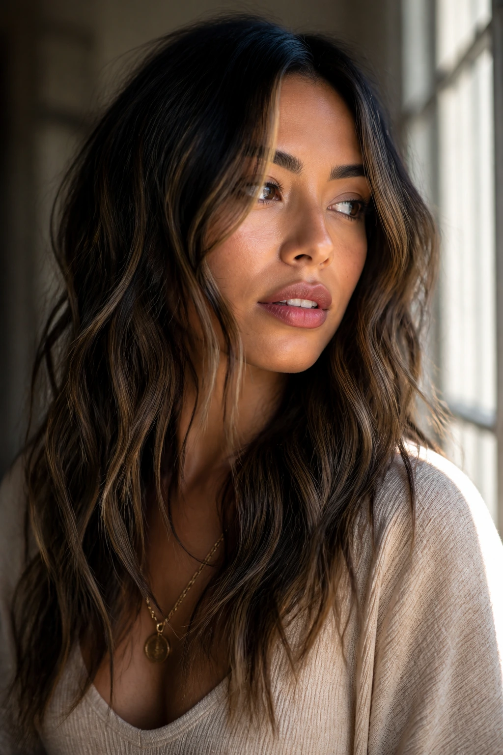 Woman with medium skin tone showing black lowlights with beachy waves