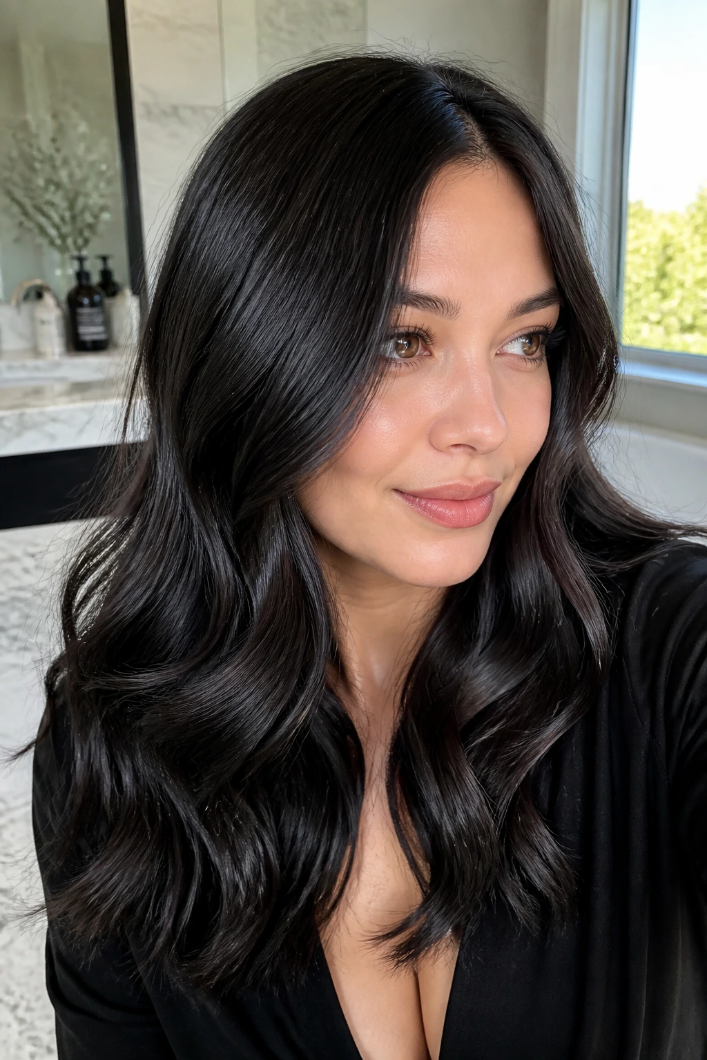 Close-up of a real woman with near-black hair and pearly gloss sheen.