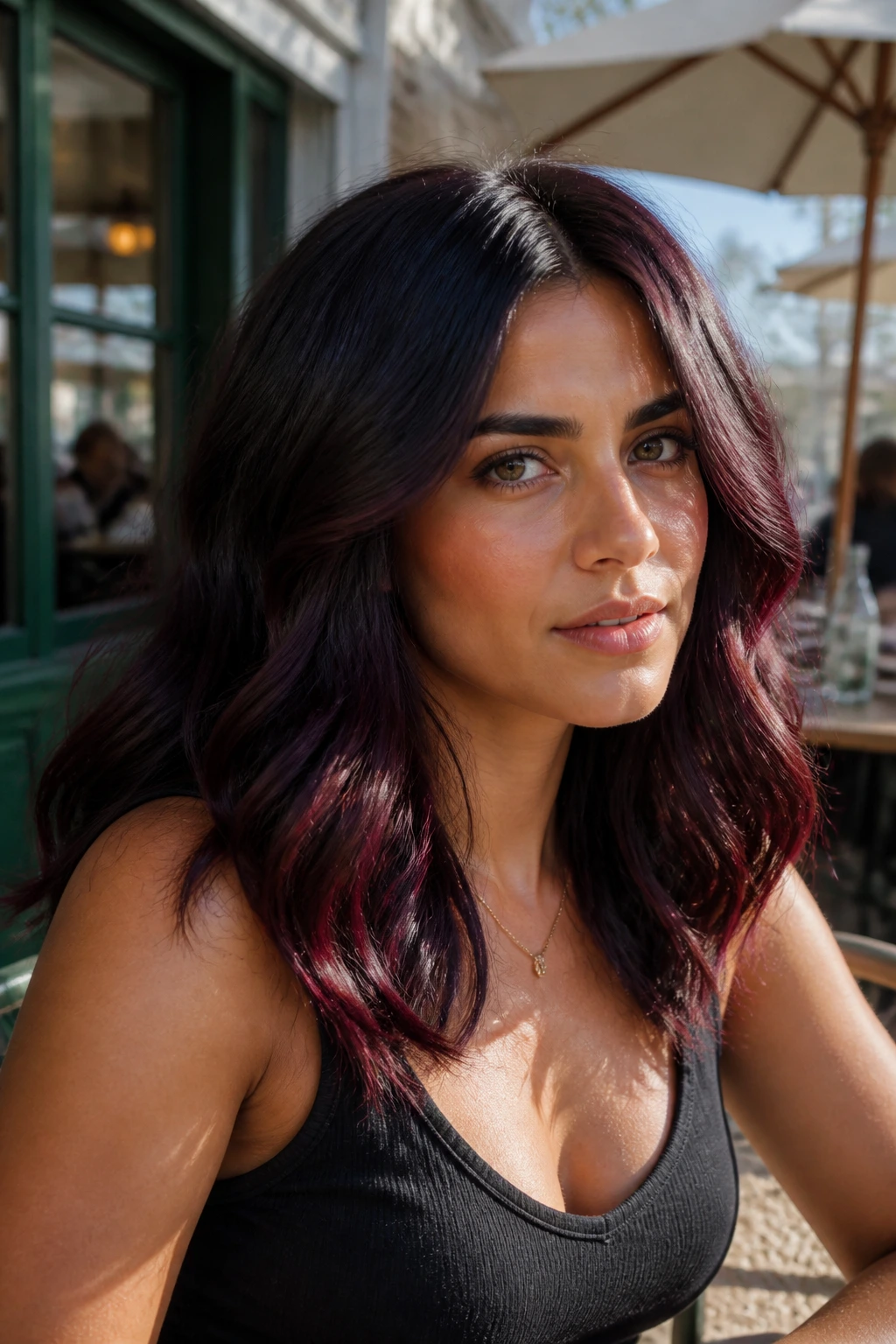 Close-up portrait of a real woman with black plum hair and berry lowlights in sunlight