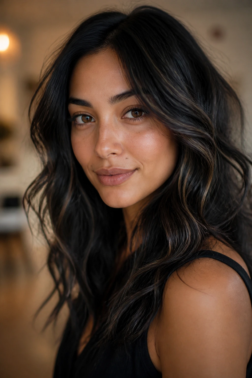 Portrait showing black shade hair with undertone balance on medium skin