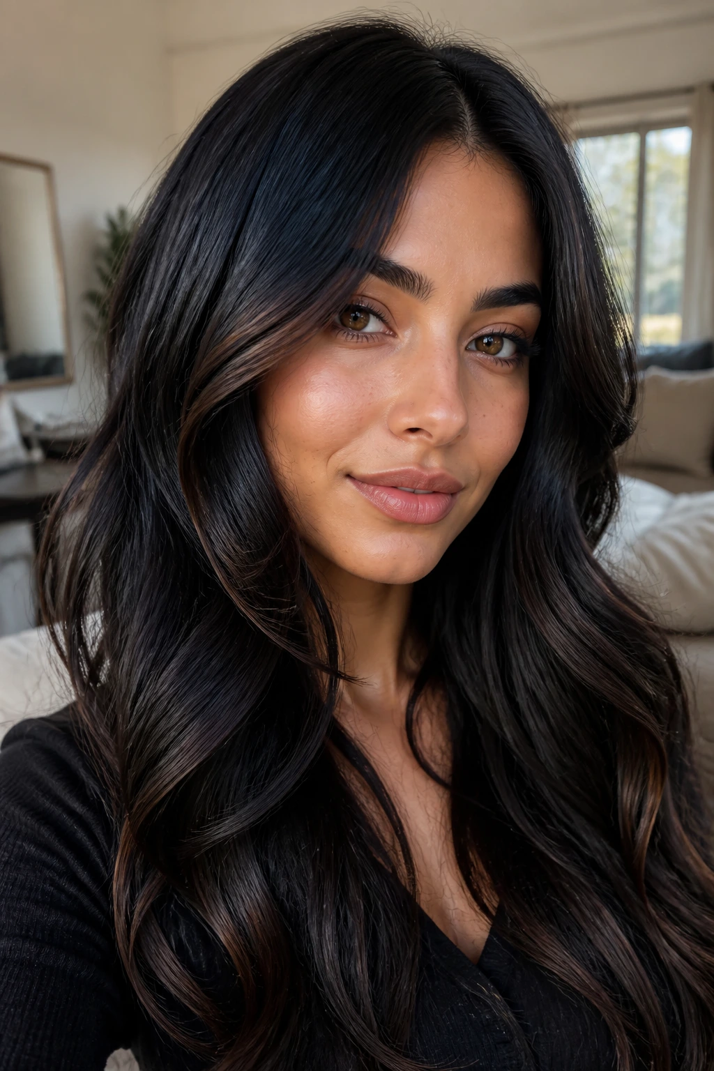 Close-up portrait of a real person with black silk hair and walnut shadowing on olive skin