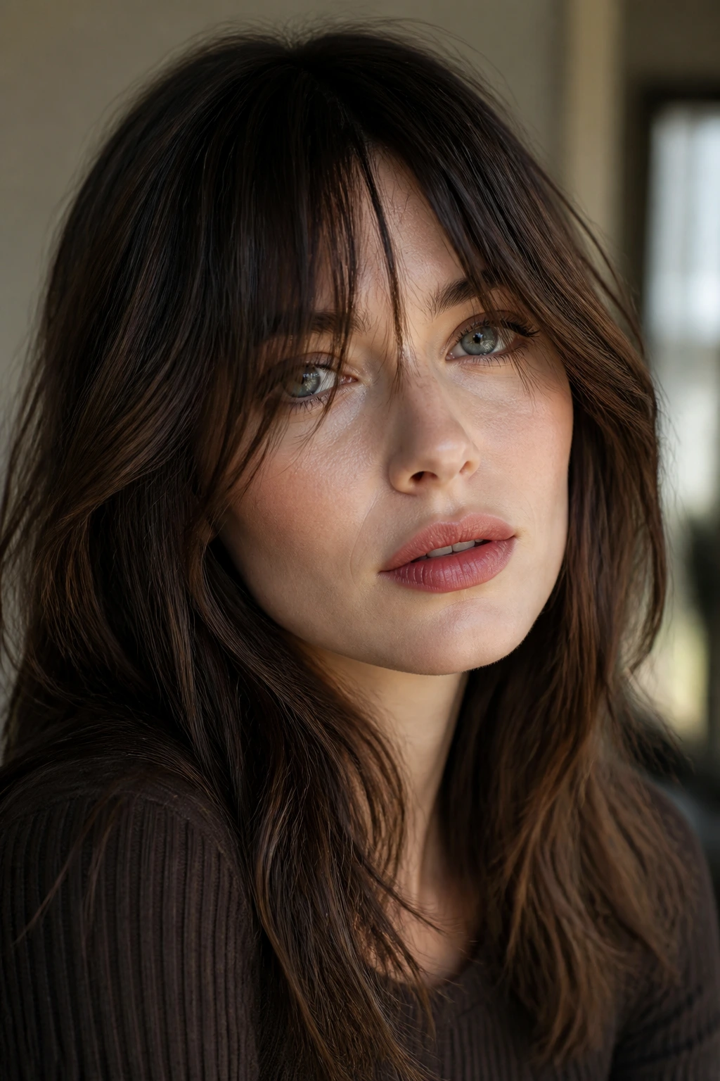 Close-up portrait showing black tea fringe lights with curtain bangs