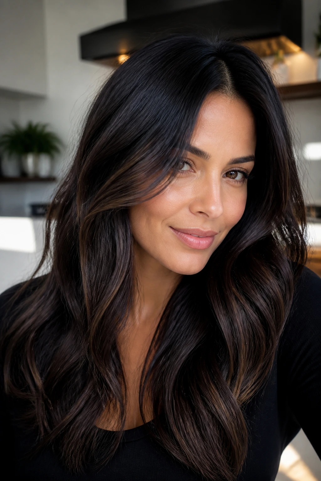 Hair with deep brown gloss and shine on a real person