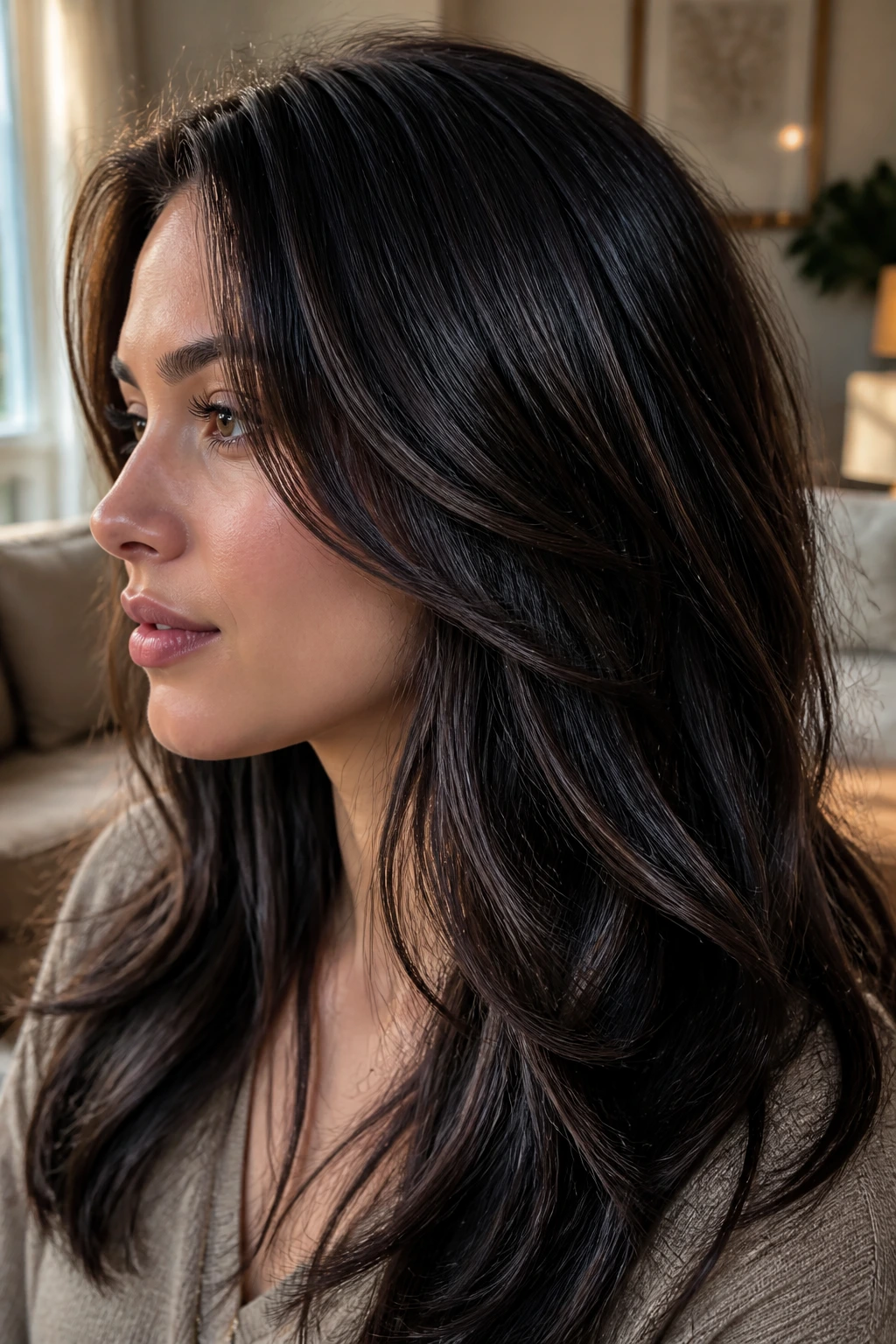 Close-up of brunette hair with black tea lowlights showing depth and shadow