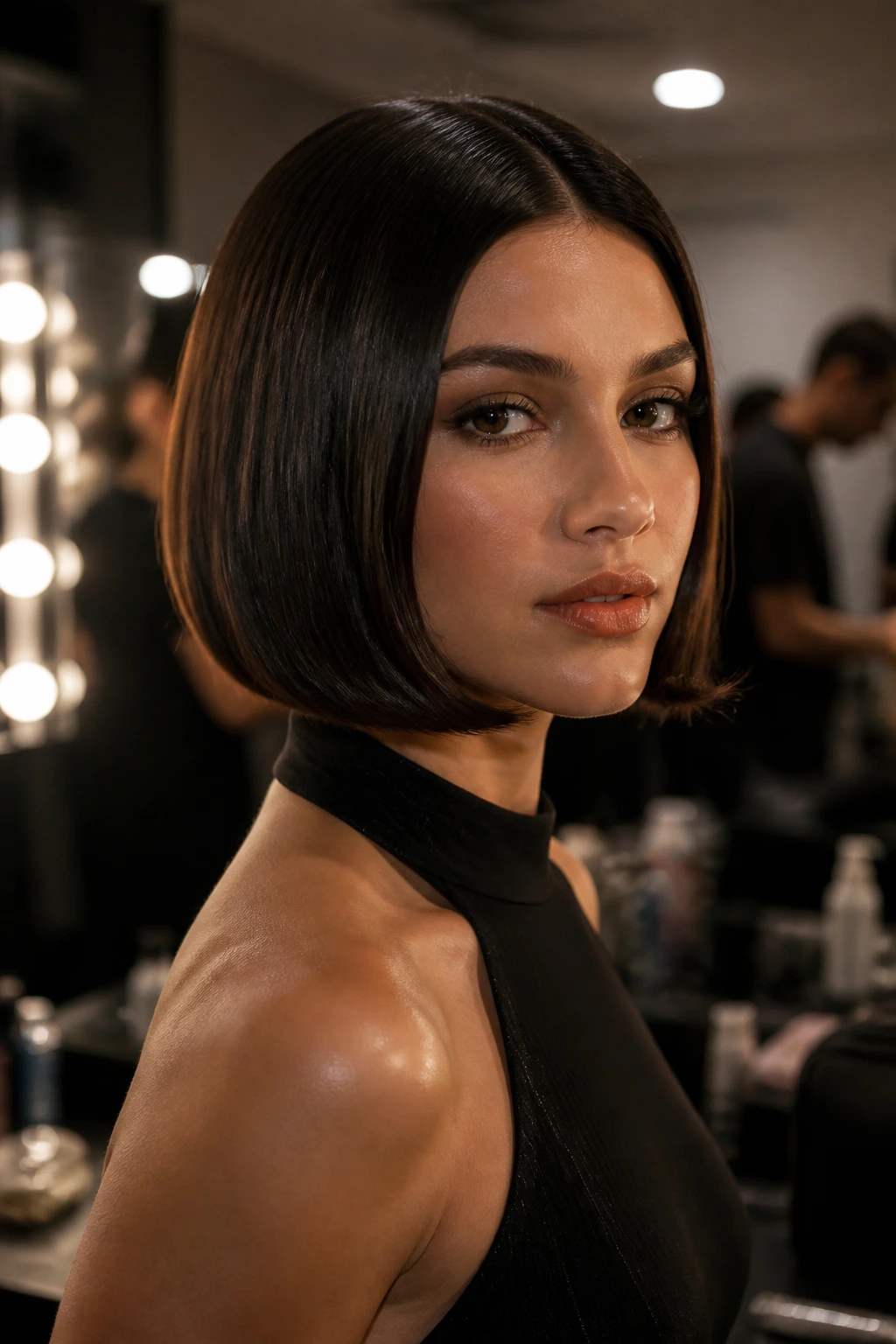 Real woman with sleek glossy bob in backstage before black tie event