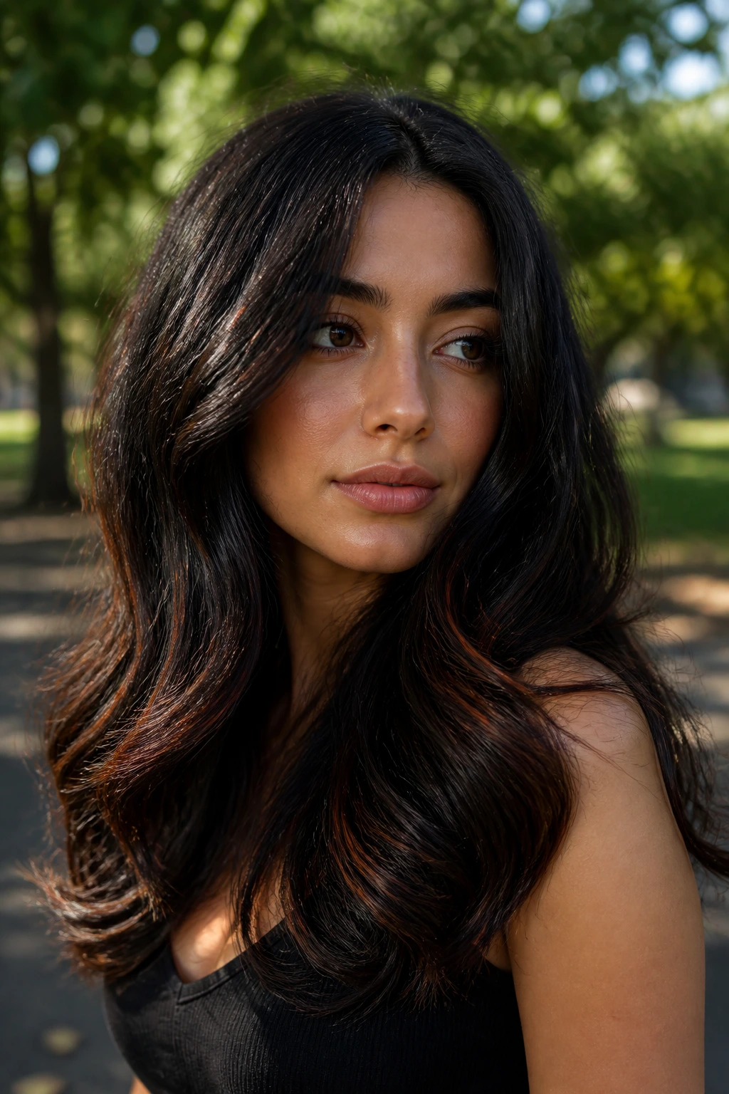 Close-up portrait of a real person with black velvet hair and copper-brown flickers