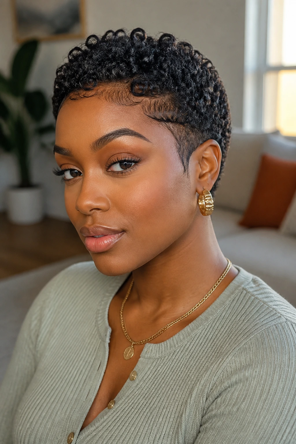 Close-up portrait of a Black woman with a chic haircut in natural light