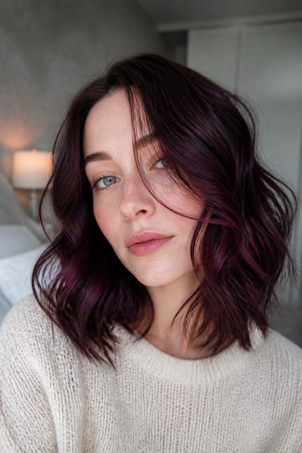 Close-up of blackberry lowlights in fine wavy hair under natural light