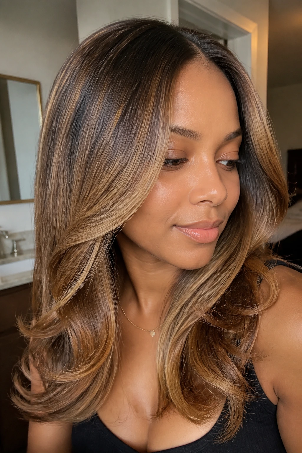 Close-up of a real woman with brown hair achieving honey blonde with gloss