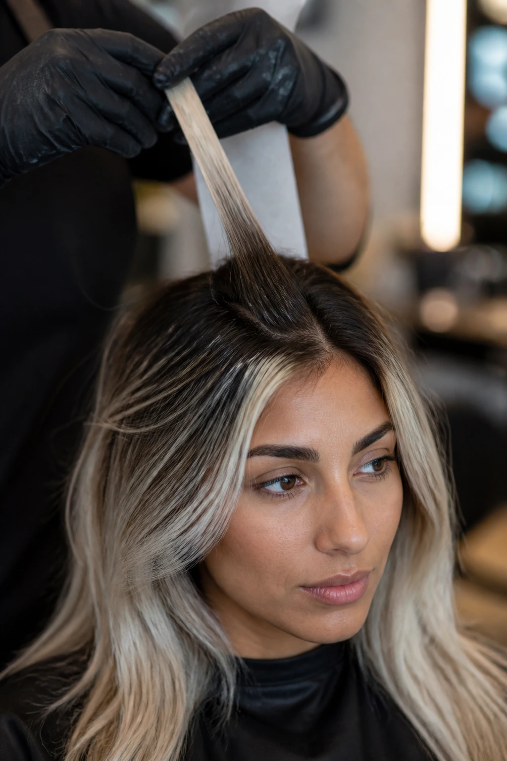Salon consultation portrait of client with strand-test for bleach on olive skin.