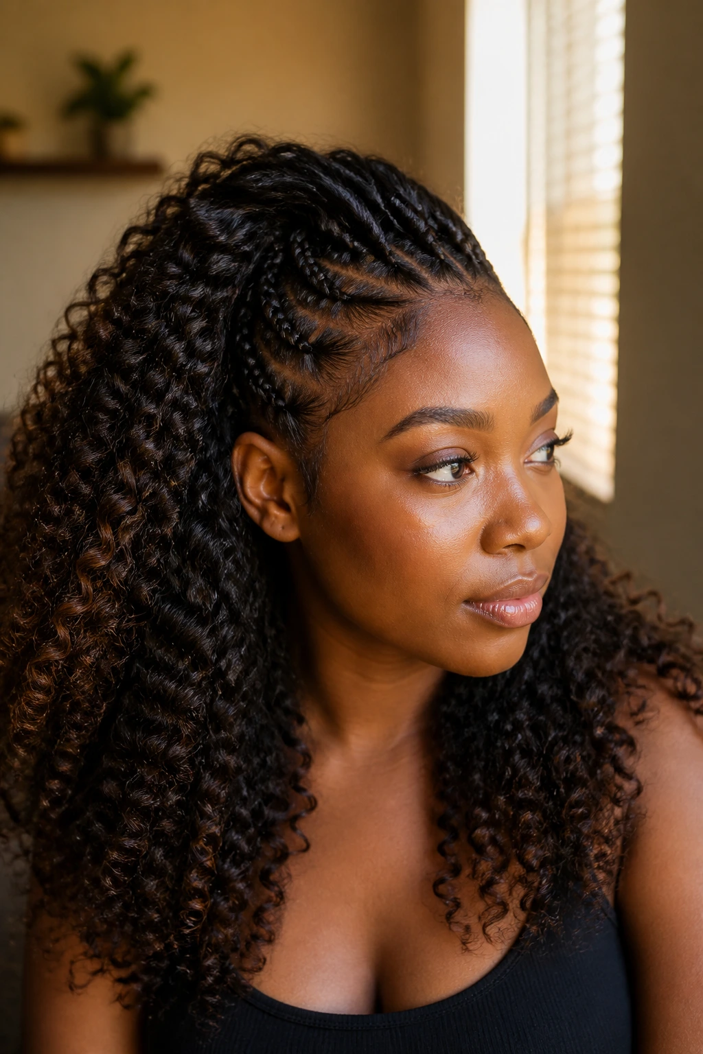 Portrait of a real woman showing seamless blend of curly hair with braiding hair at the crown.