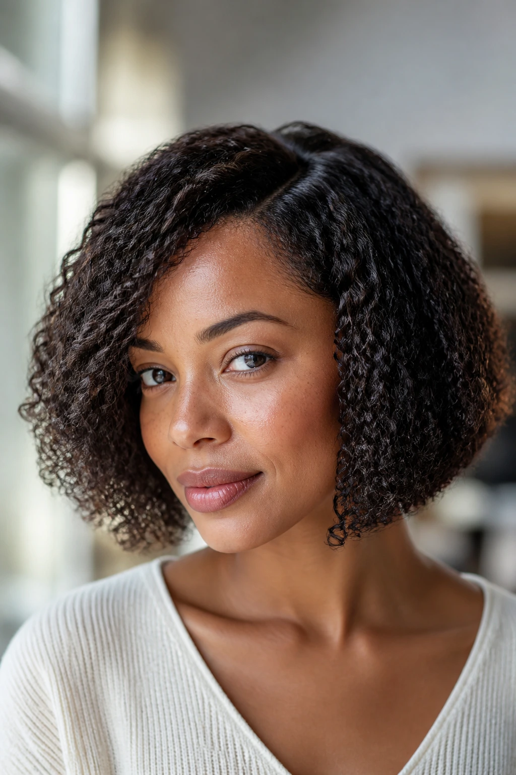 Real person wearing blended A-line bob skimming the jaw