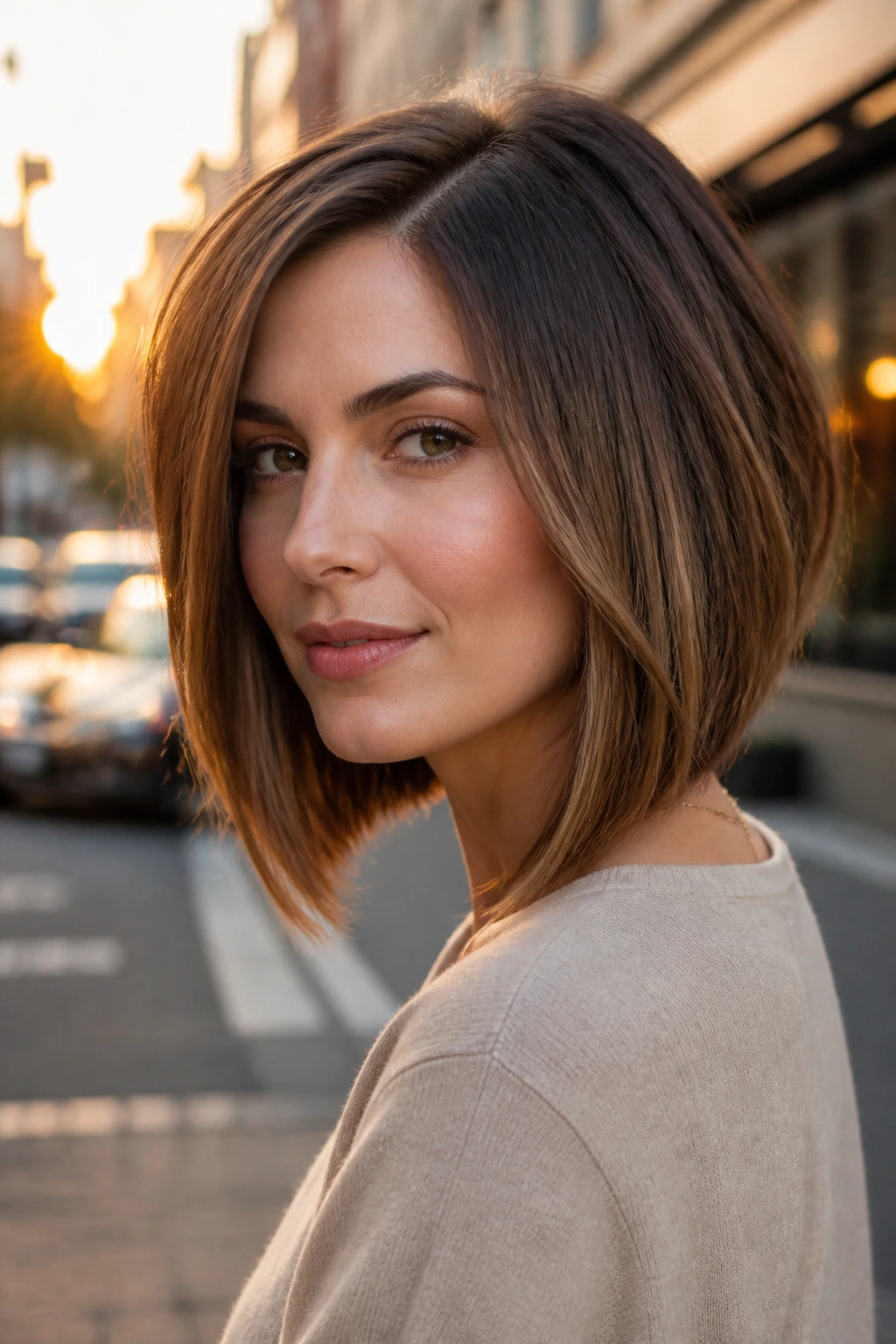 Real woman with a blended A-line lob, longer front and shorter back.