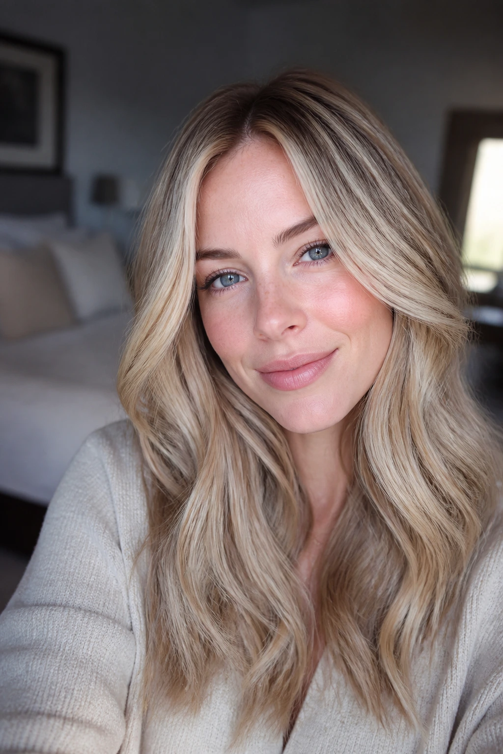 Close-up portrait of a woman with blended blonde tones on fair skin, soft lighting.