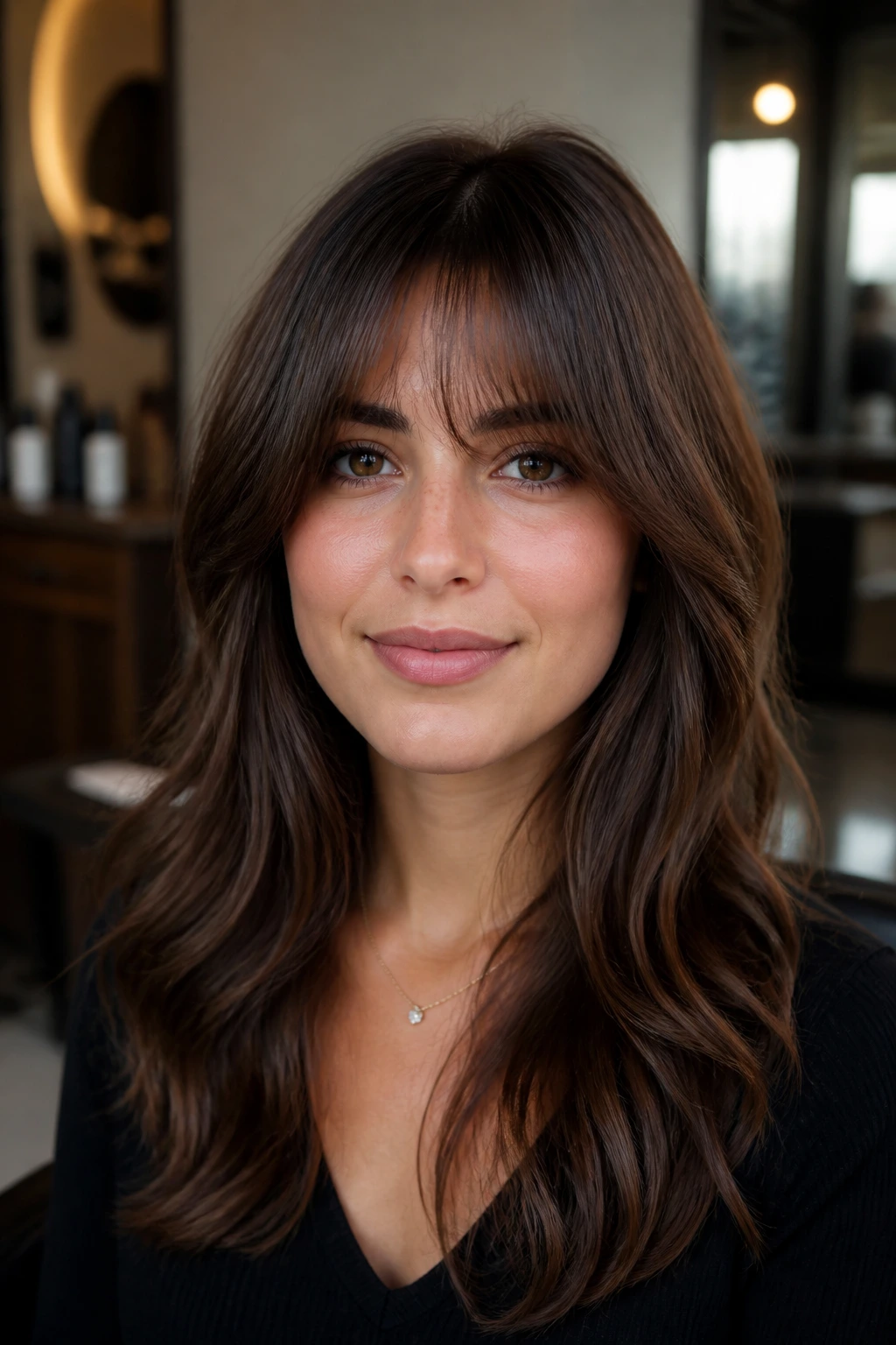 Close-up of a real woman with a softened blunt fringe on wavy hair