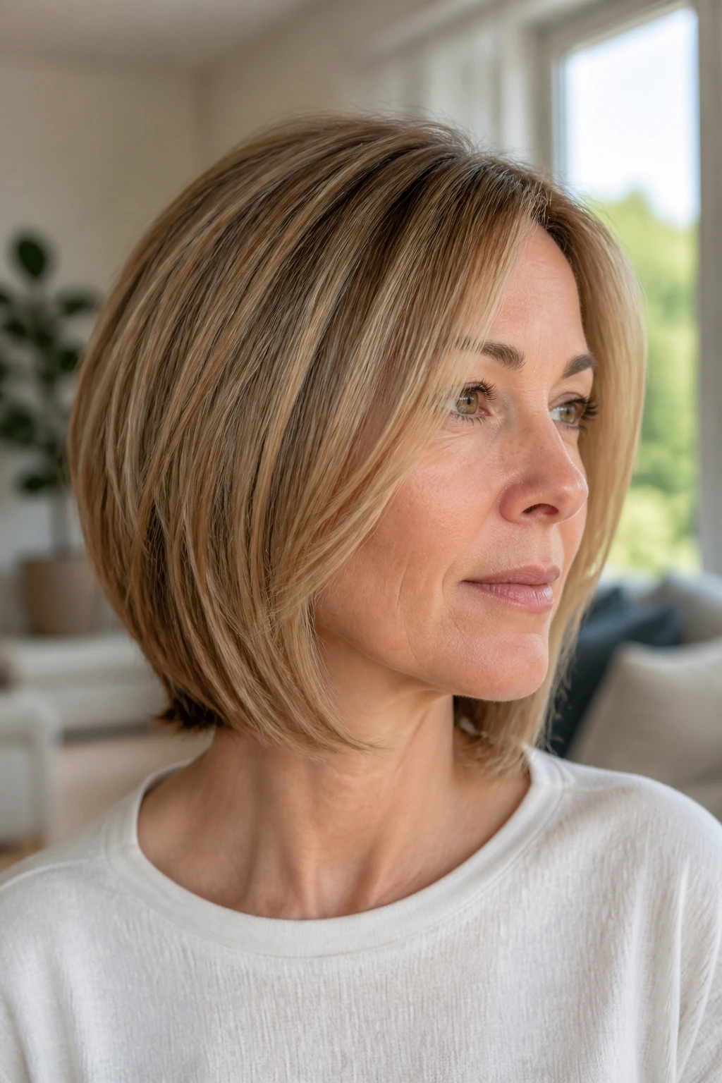 Close-up of real woman with blended bob and baby layers framing the face